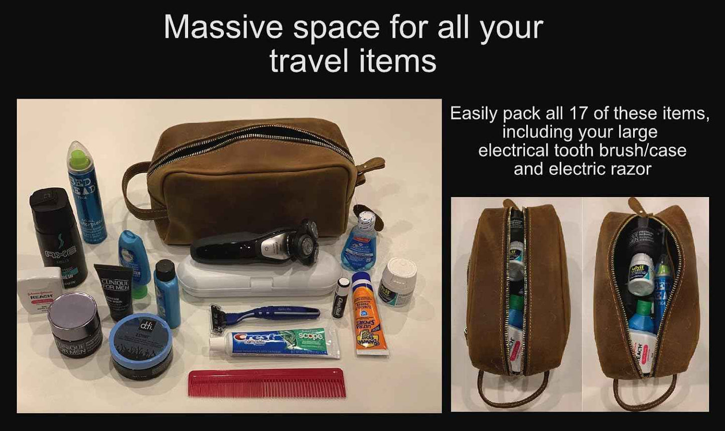 Calissimo Genuine Leather Toiletry Travel Tote Bag - Dopp Kit - Shaving Kit.