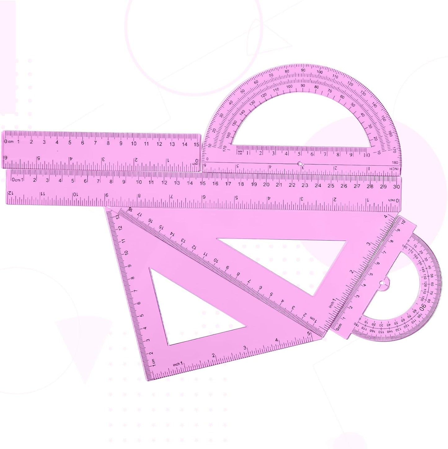 Tenare 6 Pcs Plastic Ruler Math Set Includes 12 Inch 6 Inch Straight Protractor Triangle Geometry Transparent Math Ruler Measuring Tools for School Office Home(Pink)