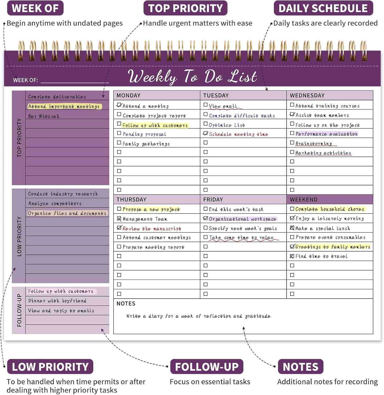 Weekly To Do List Notepad, 52 Undated Sheets （8.5"×11") Duplex-Printed Weekly Desk Planner For Work Home School Office Desk Accessories Supplies & Goal Setting Tasks - Purple
