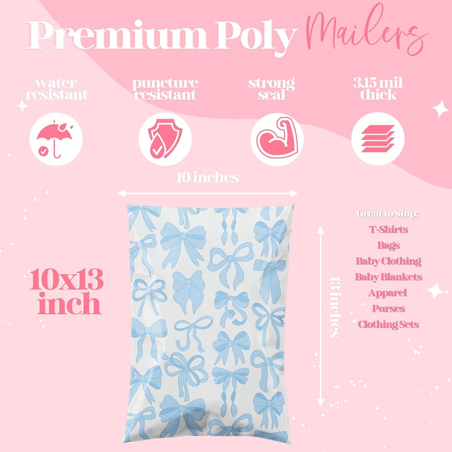10x13 Designer Poly Mailer 100 Pack Heavy Duty Waterproof Self Seal Shipping Bags for Small Business Large Mailing Envelopes Bulk Tear Resistant Packaging Blue Bows