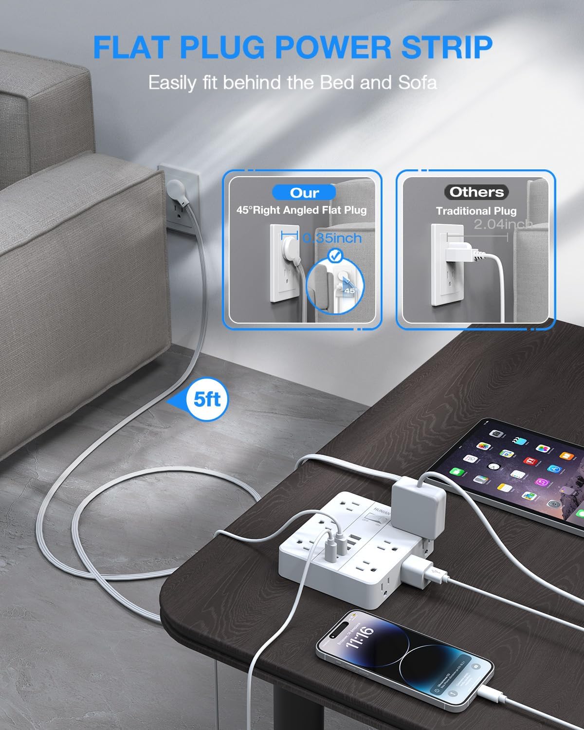 Power Strip with USB Ports, HUNIAN 5Ft Flat Plug Extension Cord Surge Protector, 12 Widely Outlet Extender with 6 USB Charger (2 USB C Ports), Desk Charging Station for Home, Office Supplies