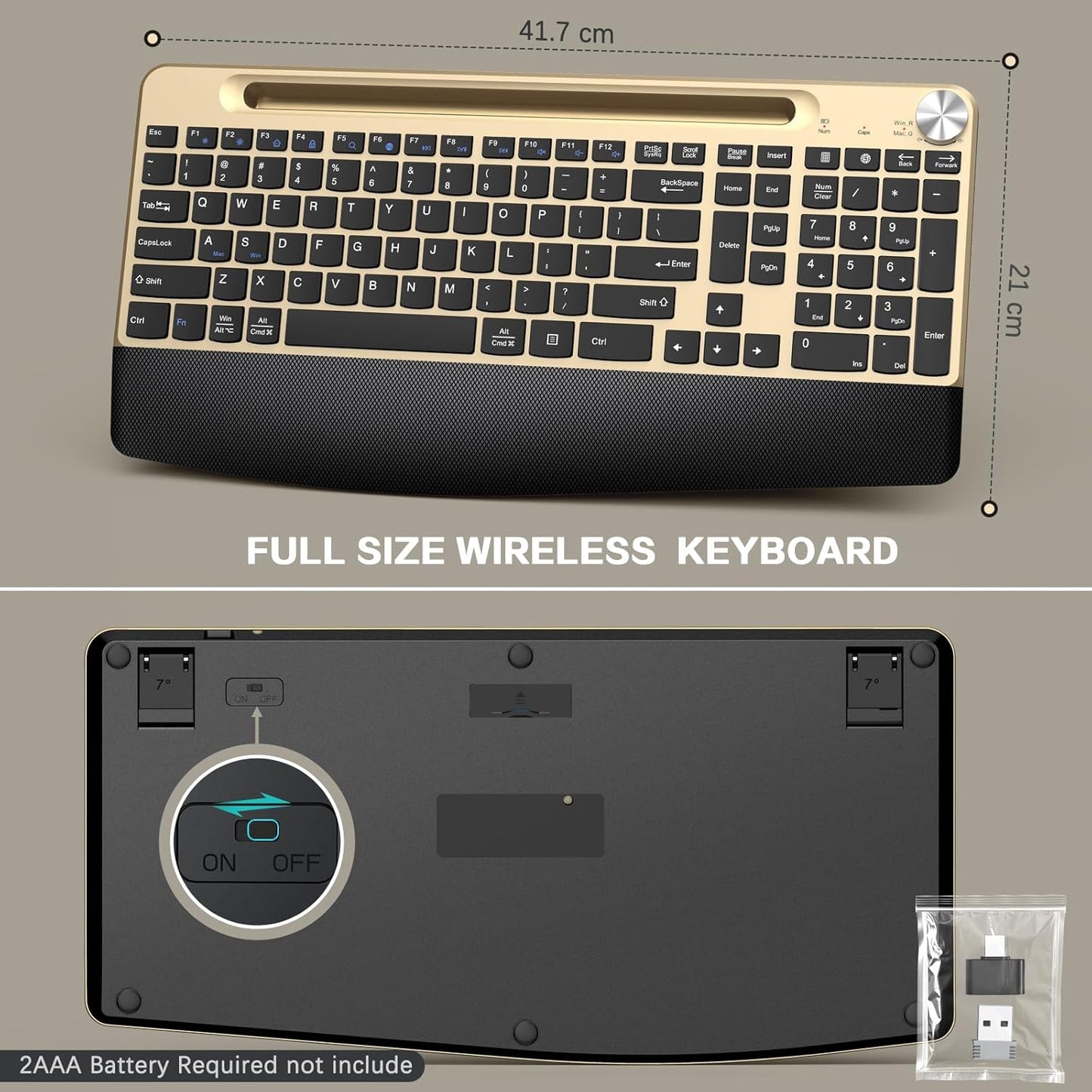 JOYACCESS Ergonomic Wireless Keyboard with Wrist Rest, Phone/Tablet Holder,Windows & Mac OS, 2.4 GHz Wireless, Full-Size,Quiet Keyboard Compatible for Laptop,PC, Mac, Windows -Black Glod