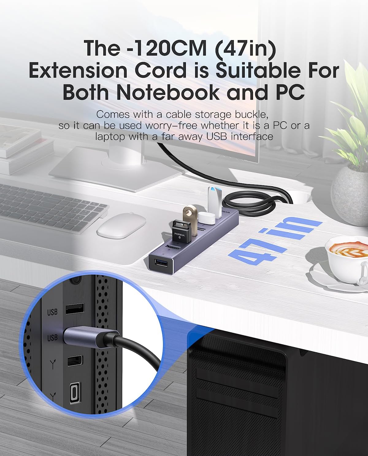 FORIDA USB to USB Hub Long Cable, 8 Ports USB 3.0 Adapter with 7 USB 3.0 Data Ports,USB Splitter with USB C 5V/3A Power Port, 47IN/120CM Main Cable for Laptop PC and More (USB A, 47IN)
