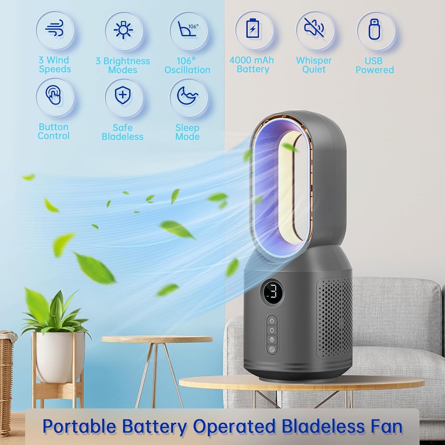 Bladeless Desk Fan, 13 Inch Quiet Oscillating with 106° Rotation, Battery Operated Portable Table Fan, 3 Speeds & Night Light, LED Display, Button Control, Personal Fan for Bedroom Office Nightstand