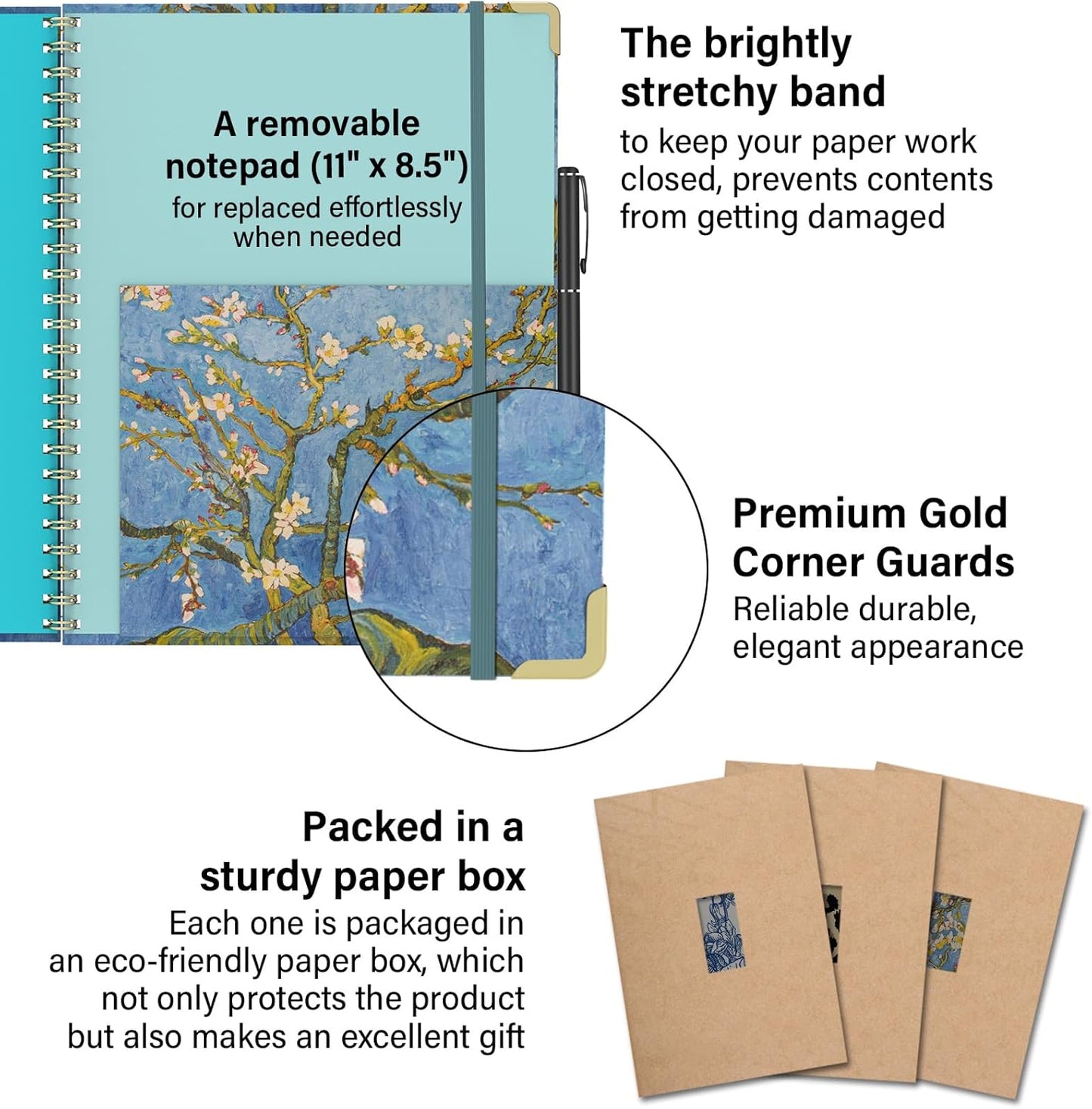Foldable Clipboard Folio with Storage, 5 Plastic Folders with 10 Pockets,Refillable Lined Notepad (11" x 8.5"), Hardcover Project Organizer Nursing Teacher School Essentials(Almond Tree)