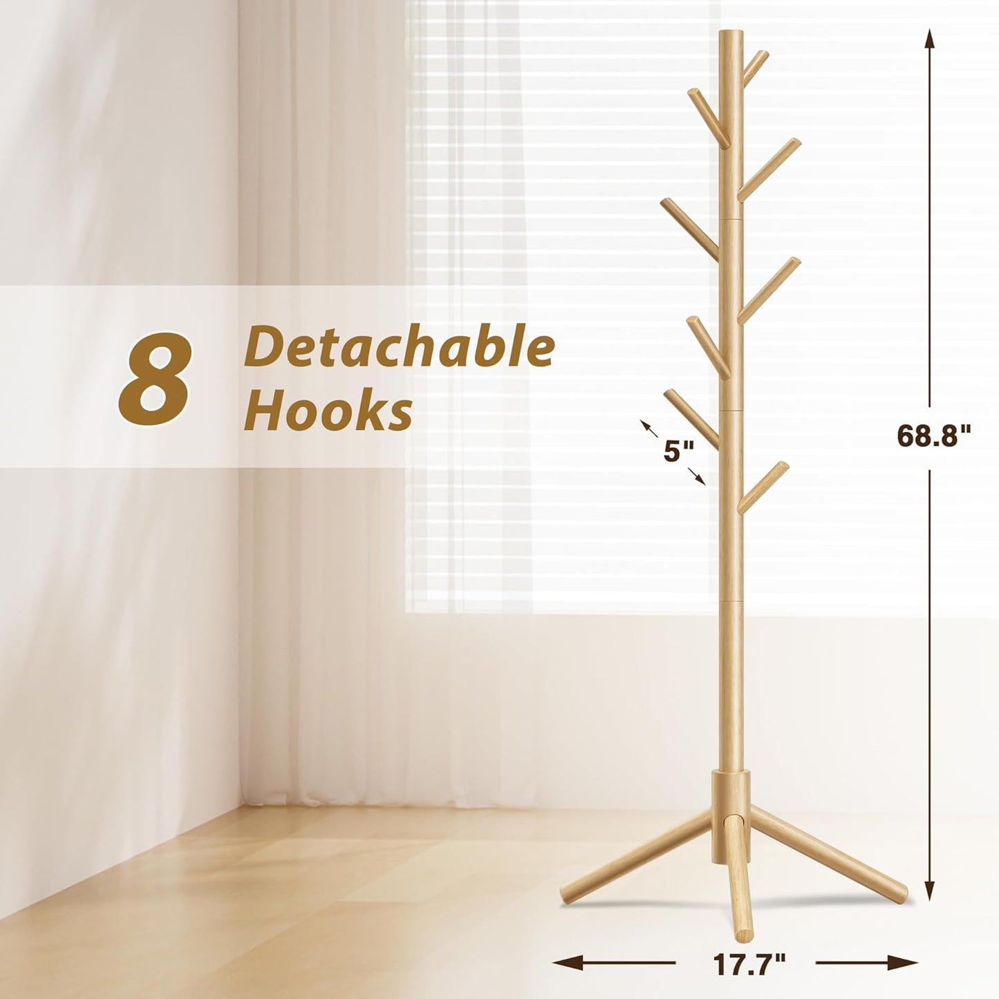 Wooden Coat Rack, Free Standing Coat Rack with 8 Hooks 3 Adjustable Heights for Clothes, Hats, Handbags, Coat Tree Easy Assembly for Entryway, Bedroom, Hallway, Office(2PCS) - Lumora Desk