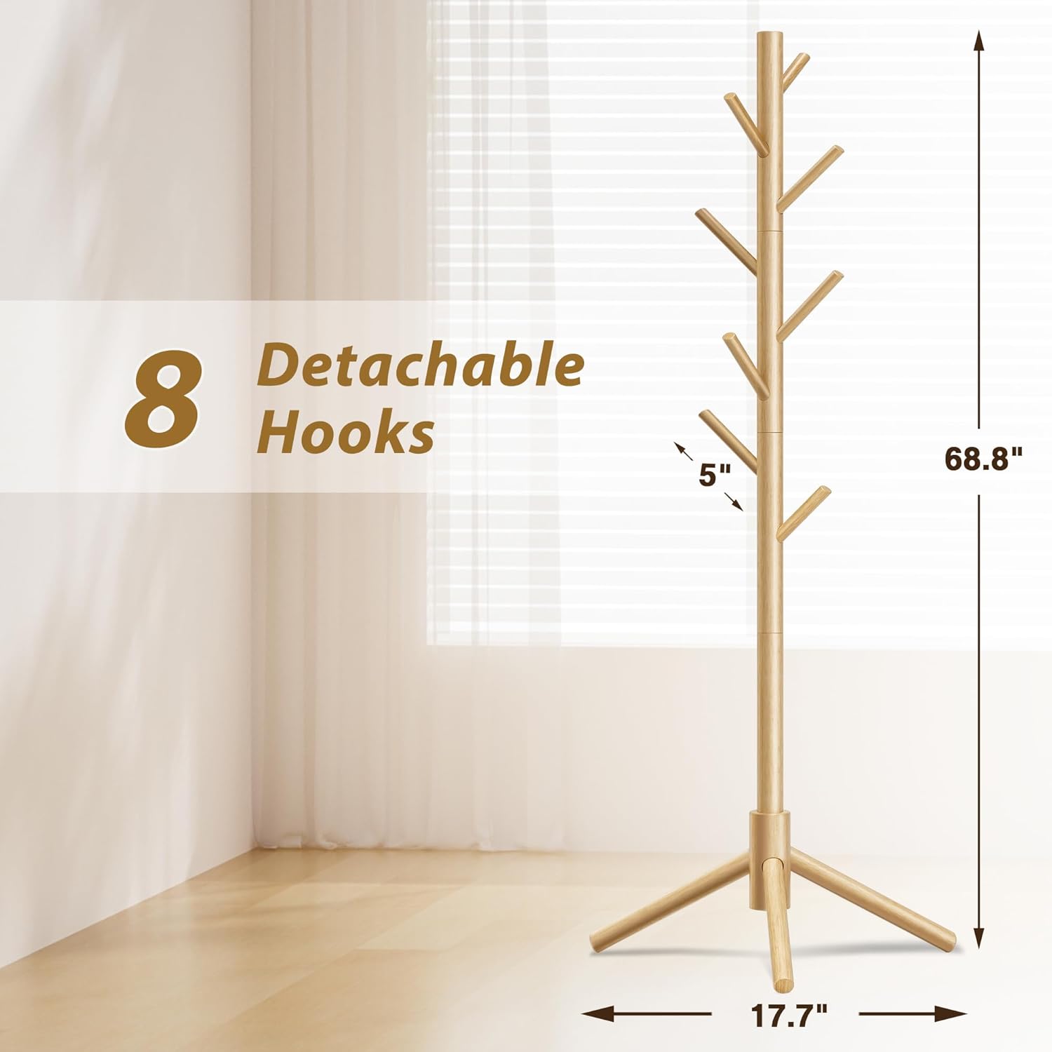 Wooden Coat Rack, Free Standing Coat Rack with 8 Hooks 3 Adjustable Heights for Clothes, Hats, Handbags, Coat Tree Easy Assembly for Entryway, Bedroom, Hallway, Office (New Nature) - Lumora Desk