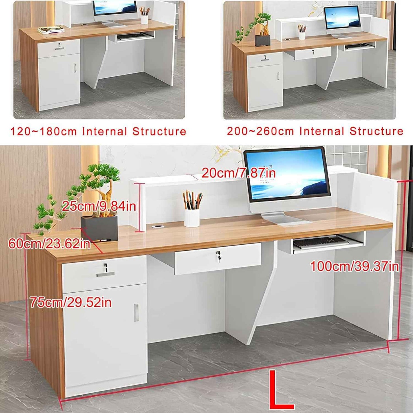 Modern Reception Desk with Counter & Lockable Drawer, Front Desk Reception Counter for Office Retail Store Salon Beauty Shop, Receptionist Wood Checkout Counter Table (White Black - Right, L 70in)