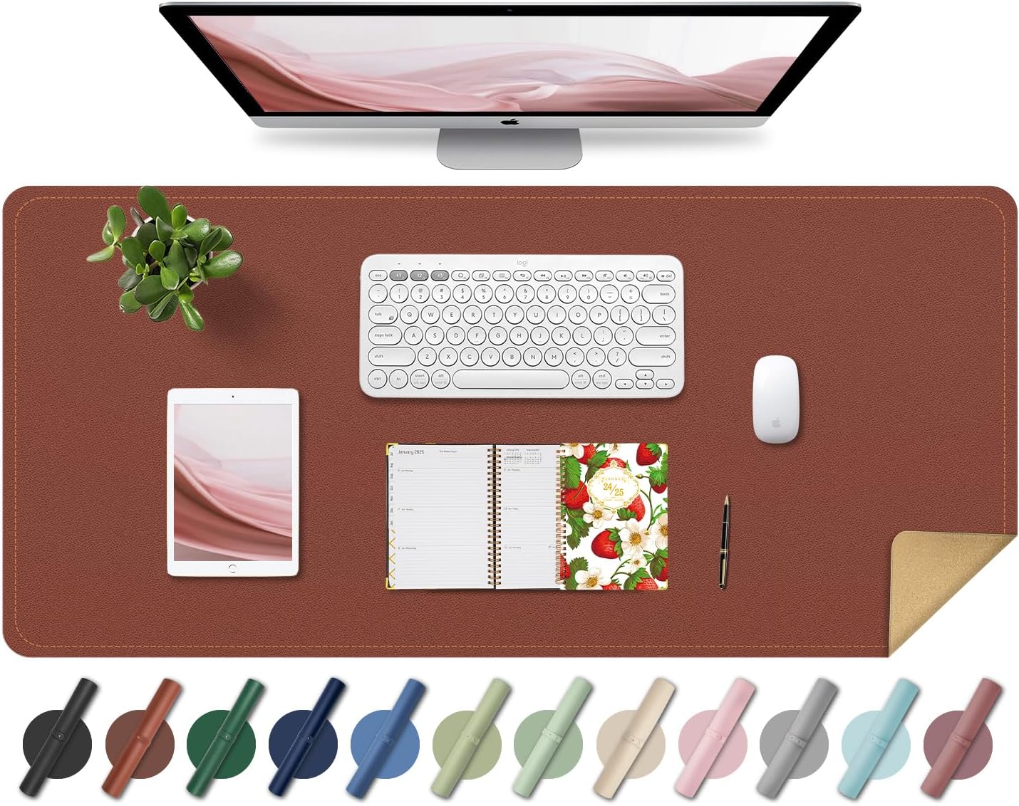 Large Desk Pad 35.4" x 17", Non-Slip Desk Mat with PU Leather & Natural Cork, Waterproof Writing Desk Natural Cork, Computer Mat Desk Protector for Office Home, Brown