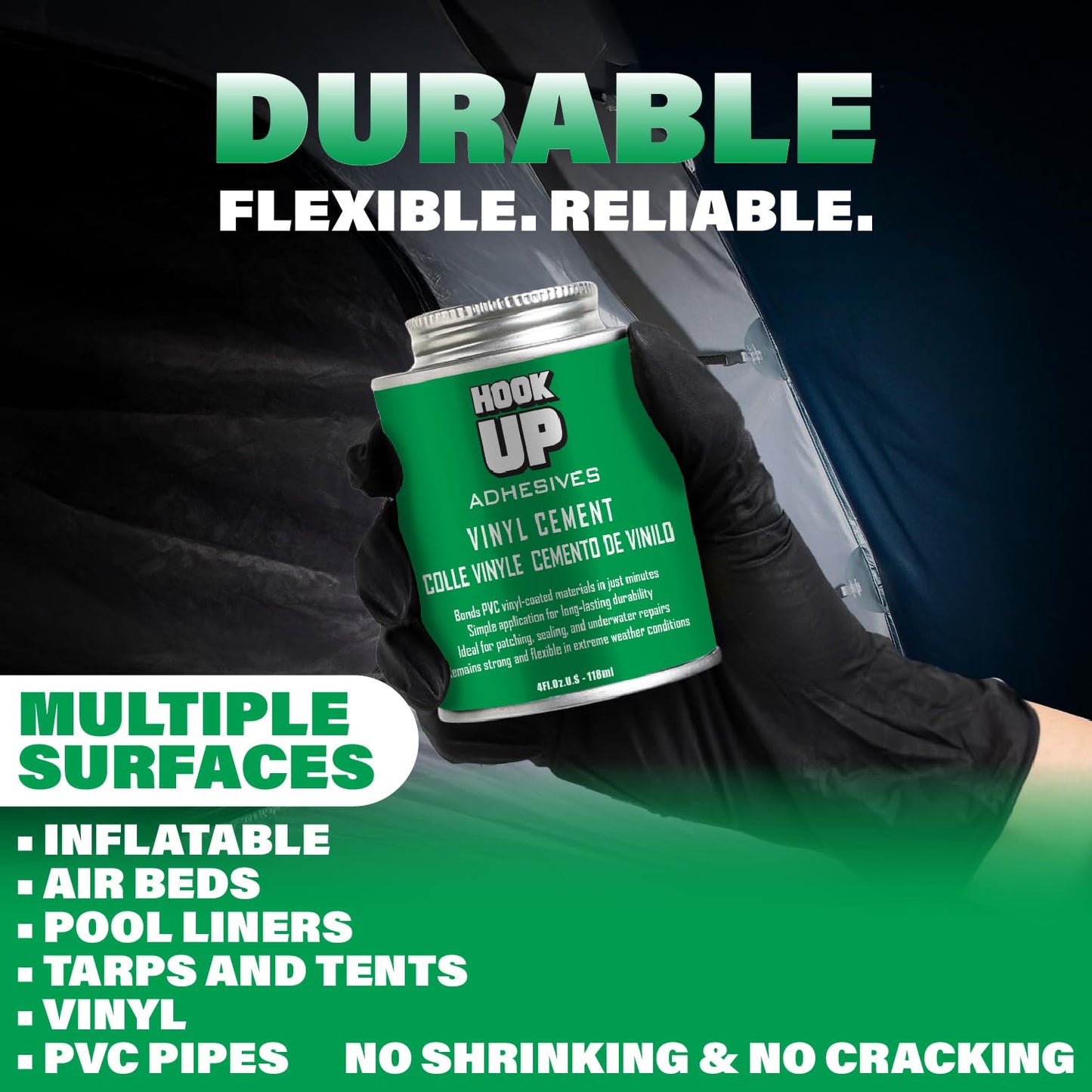HOOK UP Adhesives Vinyl Contact Cement, Glue 4oz Waterproof, Fast-Drying Repair Adhesive for Pools, Inflatables, PVC, Air Mattresses, PVC Pipes, Tarps, Boats, Rafts, Upholstery Strong Bond, Cement