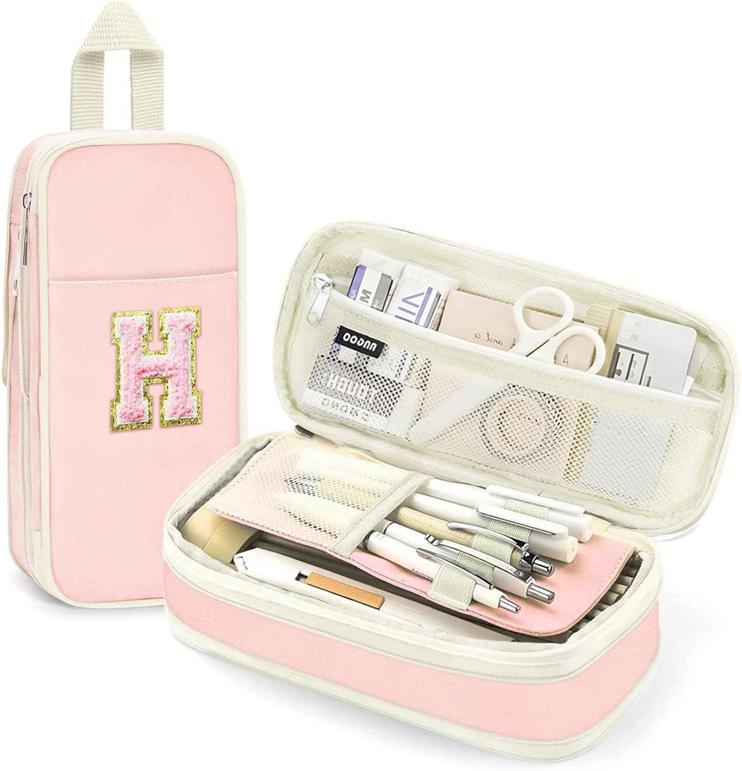 Preppy Pencil Case for Girls, Large Initial Pencil Pouch for School Supplies, Portable Pink Pen Bag with Zipper, Cute Aesthetic Pen Box, Compartments Stationary Organizer for Kids Teens Adults
