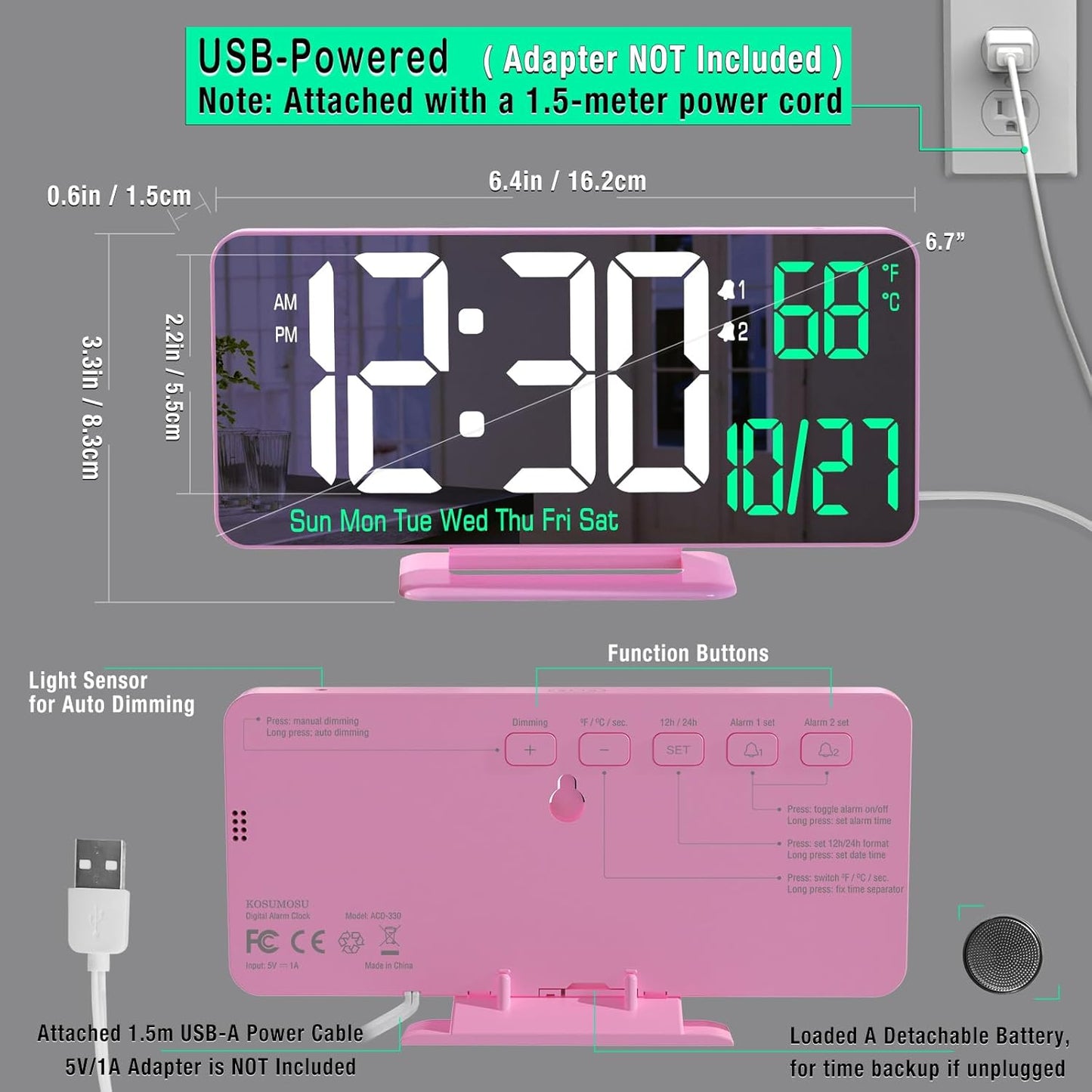KOSUMOSU Pink Digital Clock 6.7in Desk Clock with Dual Alarm Clock, Dimming, 12/24h, Date, Day of Week, Temp, Digital LED Clock, Alarm Clock for Table, Digital Calendar Table Clocks for Bedrooms