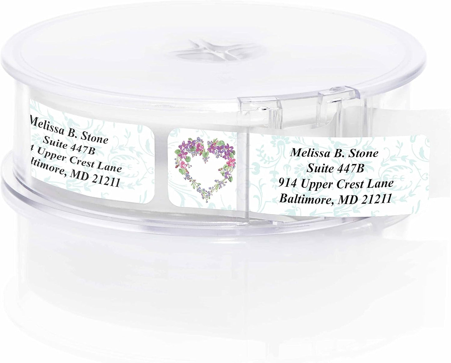 Floral Heart Wreath Rolled Address Labels with Elegant Plastic Dispenser - Lumora Desk