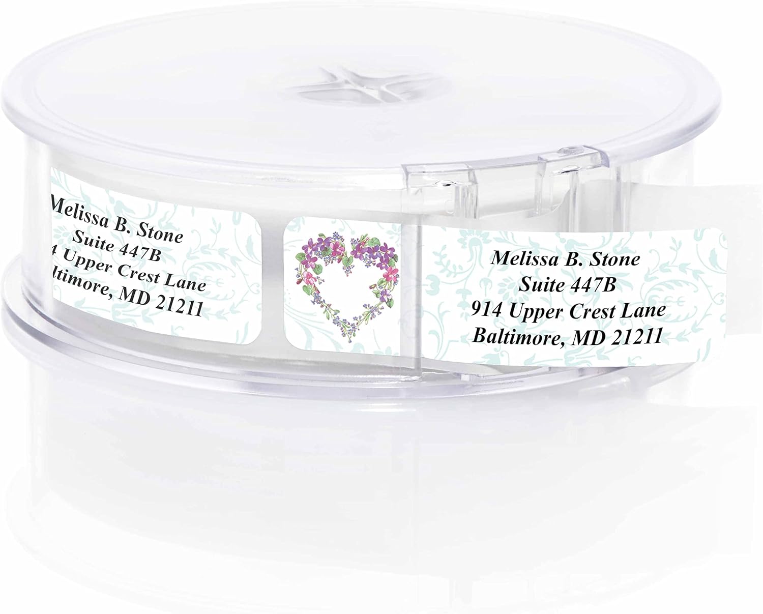 Floral Heart Wreath Rolled Address Labels with Elegant Plastic Dispenser - Lumora Desk