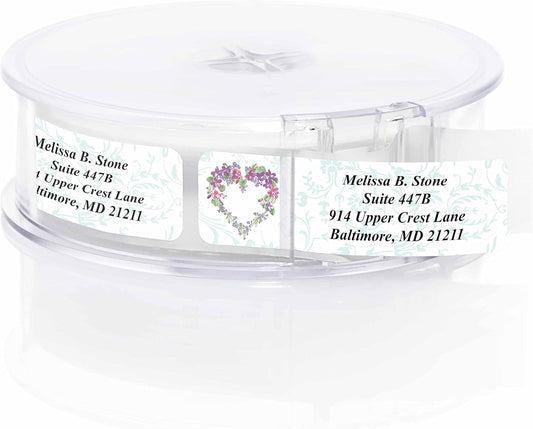 Floral Heart Wreath Rolled Address Labels with Elegant Plastic Dispenser - Lumora Desk