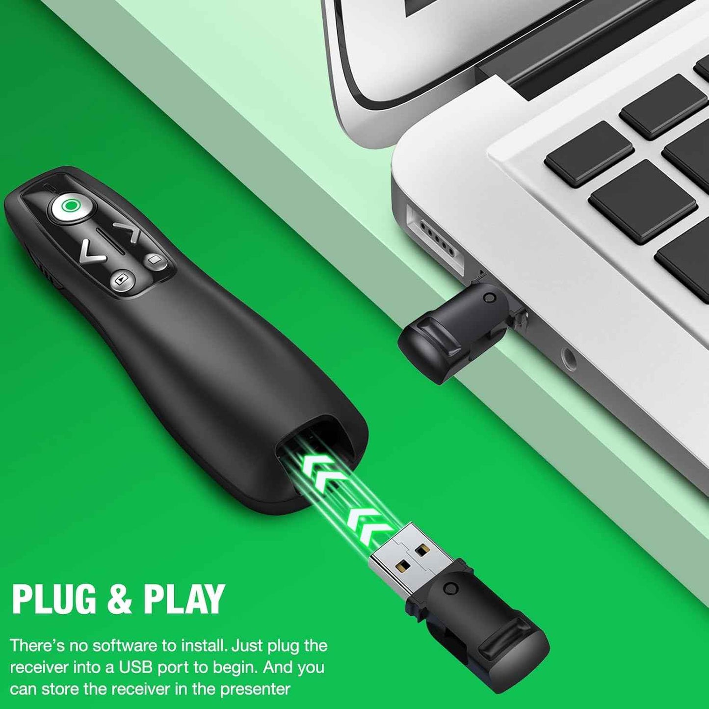 2-in-1 USB Type C Presentation Clicker Wireless Presenter Remote with Green Light for PowerPoint, Powerpoint Clicker with Volume Control PowerPoint Slide Advancer for Mac, Computer, Laptop