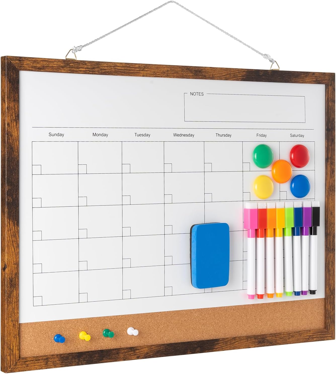 Dry Erase Calendar Whiteboard, 17" x 13" Magnetic Whiteboard Cork Board Combo, Reusable Monthly Planner with 8 Markers, Eraser, Magnets and Pushpins, Hanging Dry Erase Board for Home, School - Brown - Lumora Desk