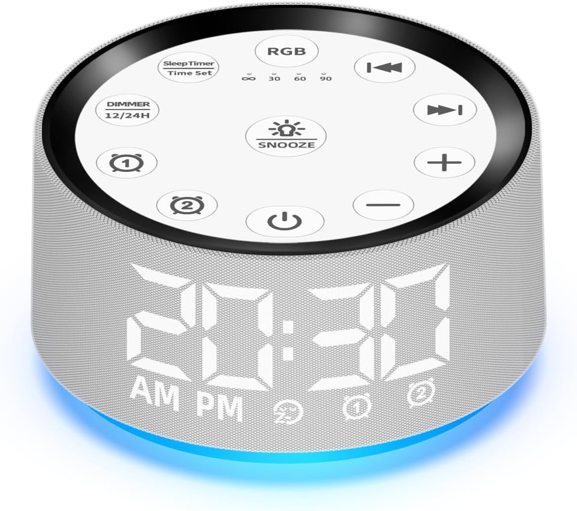 Brown Noise Machine Bedroom Alarm Clock Sound White Noise Machine Night Light with 30 Sleeping Sounds for Baby Kids Adults 2 Alarms Backup Battery 32-Level Vol 15 Wake up Sounds for Mild Heavy Sleeper