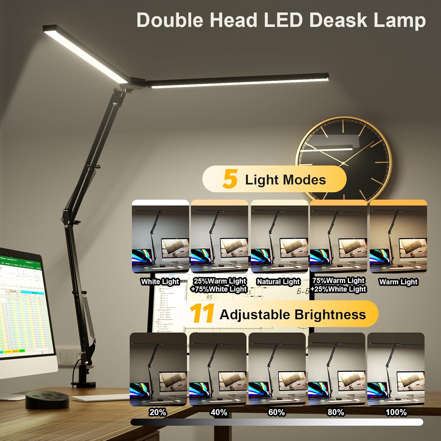 SKYLEO Led Desk Lamp for Home Office - 2400LM Ultra Bright Desk Light -Eye Caring Desk Lamp with Clamp - Adjustable Office Lamp with Remote Control- Easy Installation - 24W Black - Lumora Desk