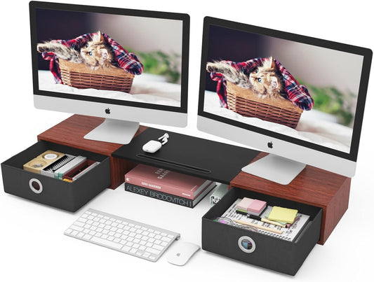 WESTREE Dual Monitor Stand Riser with Two Drawers, Extra Large Storage Monitor Stand for 2 Monitors, Desktop Oraganizer Stand for Computer,Laptop,Screen,Printer,TV