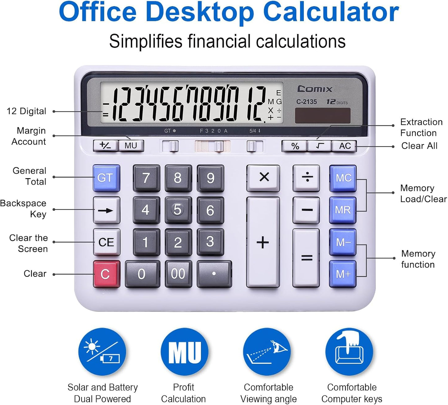 Comix Desktop Calculator Solar Battery Dual Power with 12-Digit Large LCD Display and Large Computer Keys Standard Function Calculator for Home Office School, White(2 Pack)