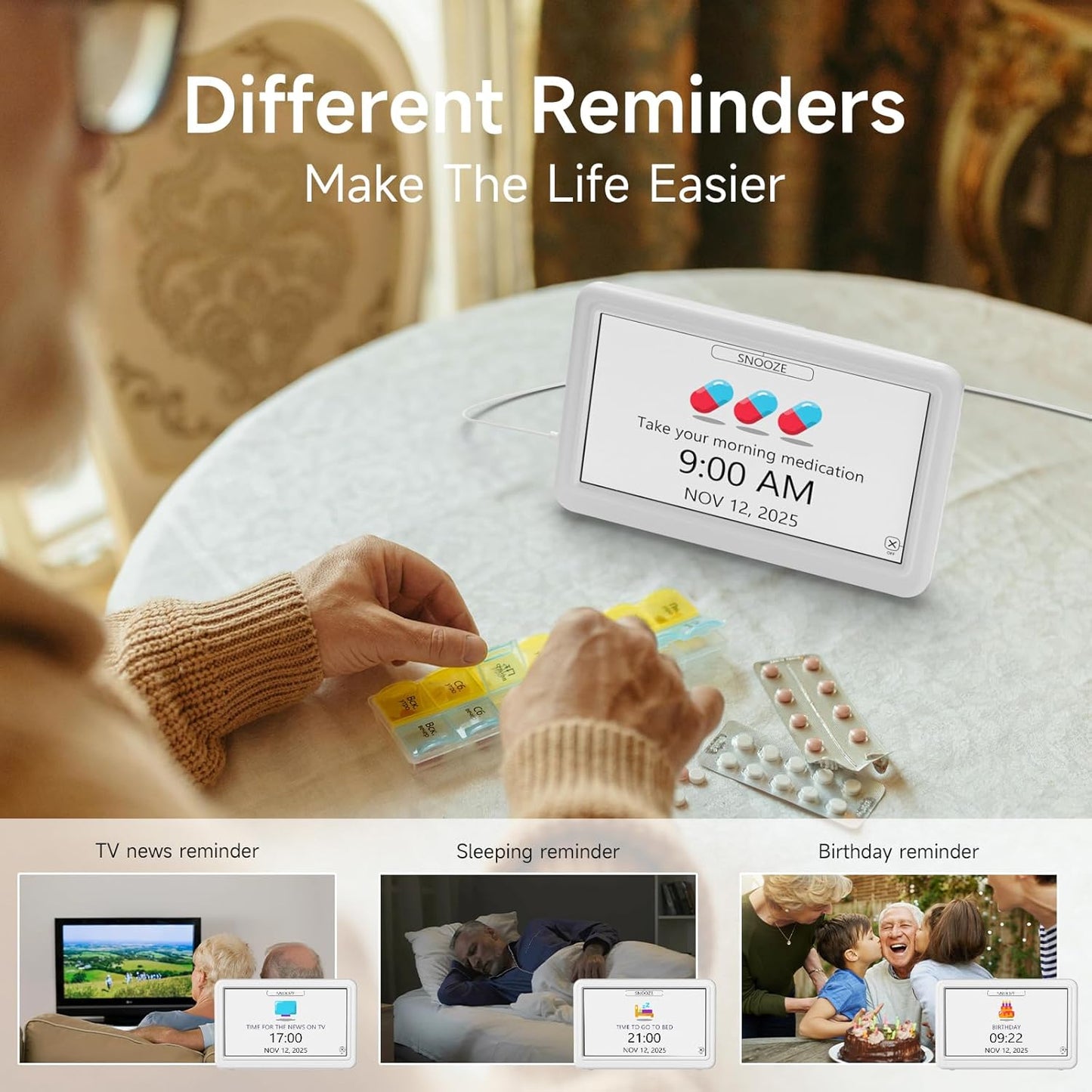 Raynic Date Clock, Digital Clock with 12 Themes, 20 Alarms, 20 Reminders, Semi-Automatic Dimming, 12/24 Hours, Auto DST for Desktop, Office, Students