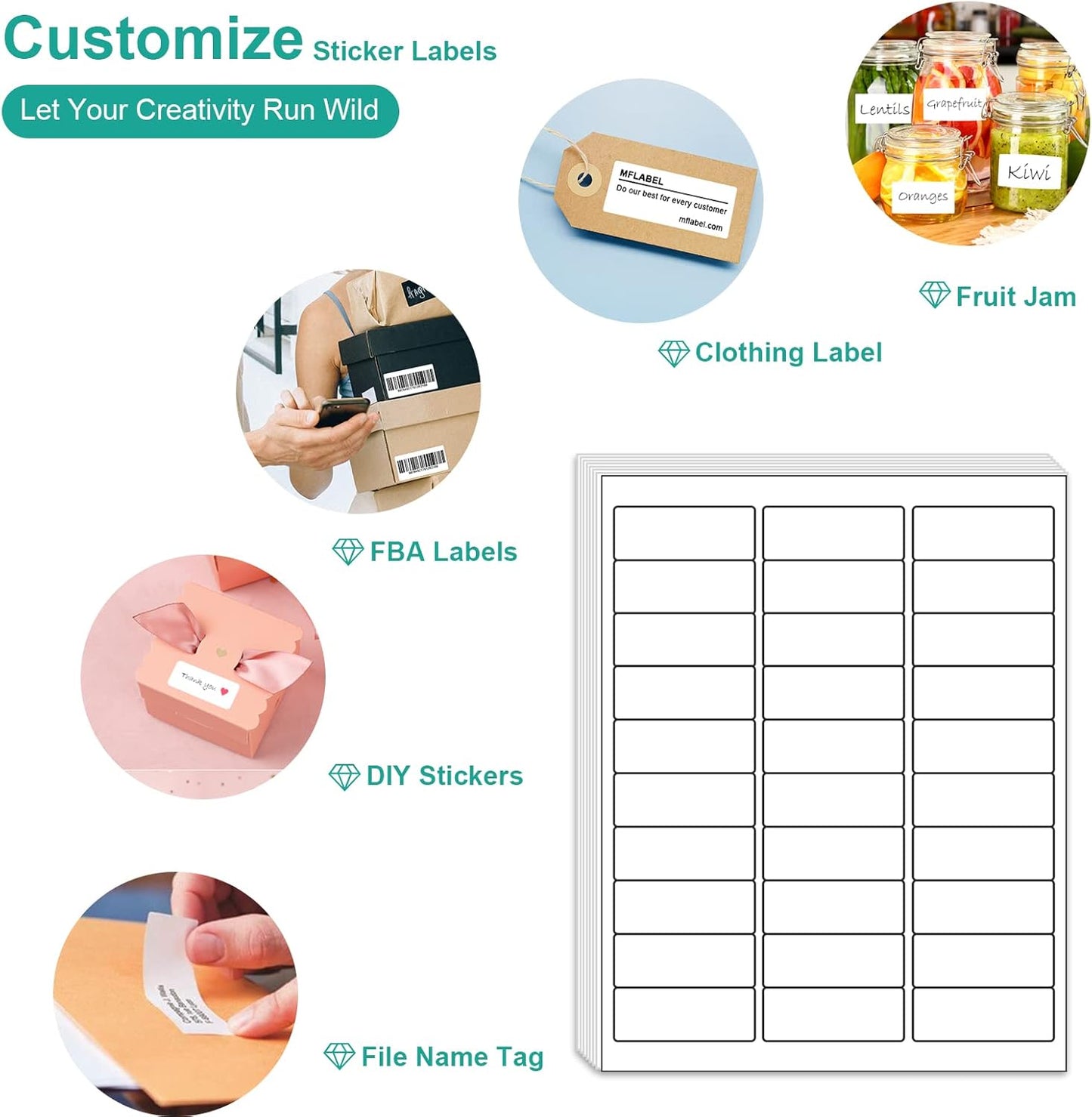 MFLABEL Address Label, 1" x2-5/8 Mailing Sticker, 30-UP White Shipping Labels for Inkjet or Laser Printer, 15000 Sticker Labels (500 Sheets), 30 Label per Sheet
