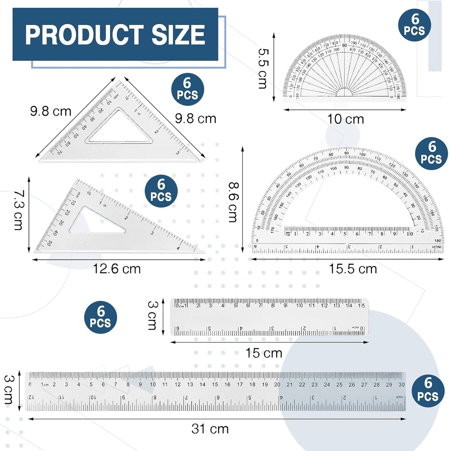 Tenare 36 Pcs Plastic Clear Math Set Includes Protractor Triangle Rulers 12 Inch 6 Inch Straight Geometry Math Transparent Ruler Measuring Tool for School Office Home Supplies