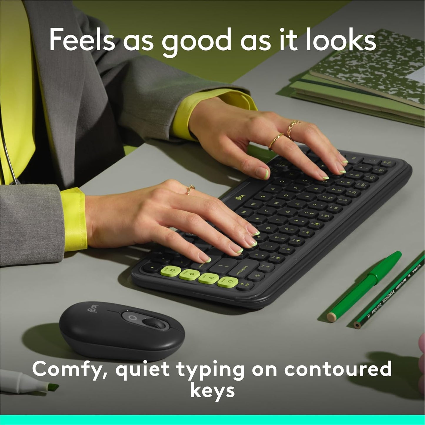 Logitech POP ICON Keys Wireless Bluetooth Keyboard, Comfortable Typing, Programmable Keys, Easy-Switch Between up to 3 Devices, for Laptop, Tablet, PC – Graphite and Green