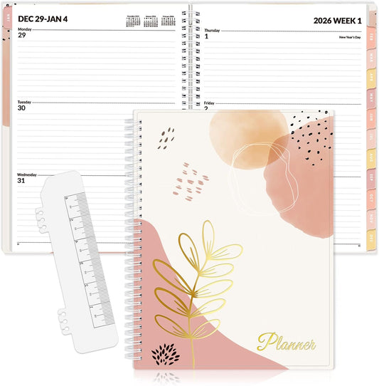 SUNEE 2026 Weekly and Monthly Planner - from January 2026 - December 2026, 8.5"x11" Daily Agenda Planner with Monthly Tab, Flexible Cover, Note Pages, Pockets, Bookmark, Spiral Binding, Pink Breeze