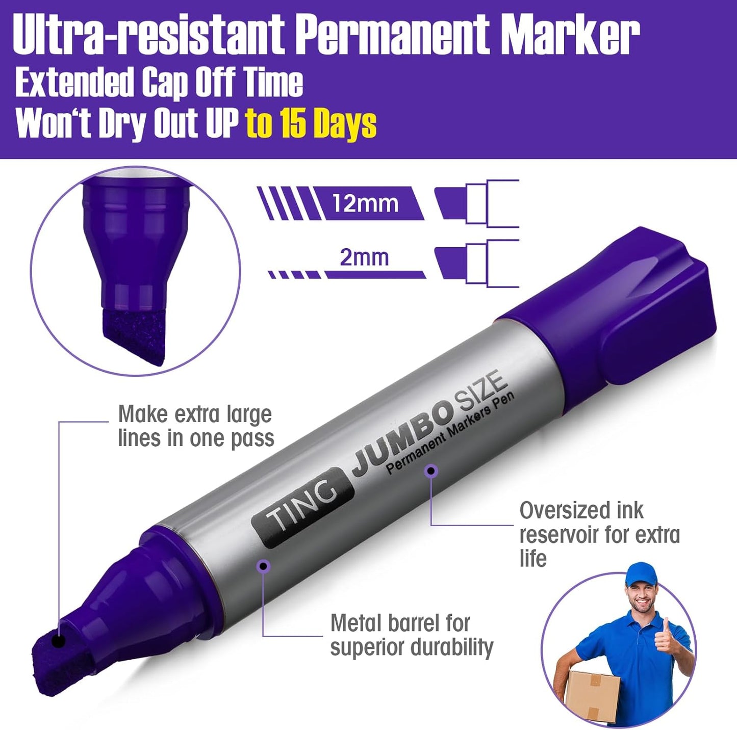 Fuutreo 10 Pack Jumbo Permanent Markers Bulk Large Chisel Tip Permanent Markers Quick Drying Waterproof Big Huge Poster Pens for Office, Logistics Company and More(Purple)