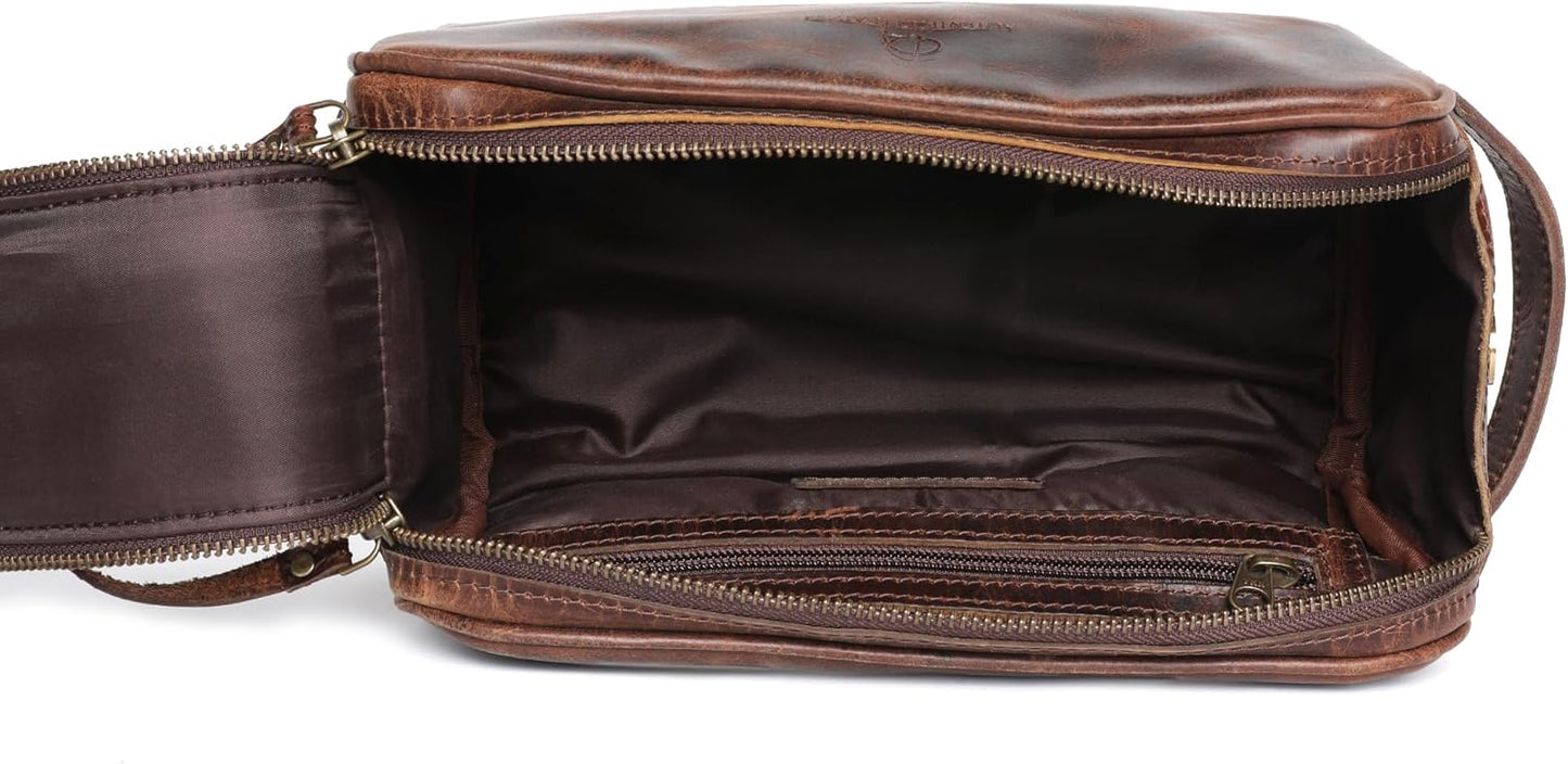 Toiletry Bag for Men – Genuine Leather Dopp Kit, Travel Organizer for Grooming Essentials, Large Shaving Kit Pouch, Durable Dark Brown Gift for Men