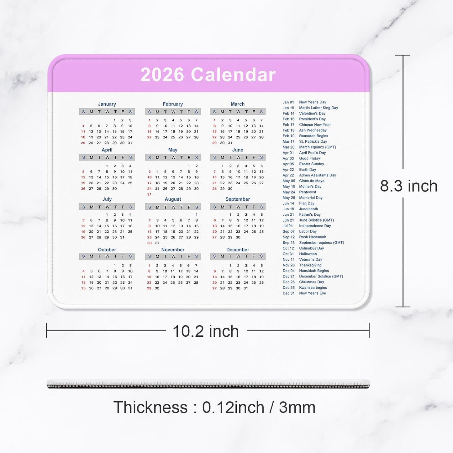 2026 Calendar Mouse Pad, Square New Year 2026 Mousepad 10.2 x 8.3 Inch, Stitched Edge Anti-Slip Waterproof Rubber Computer Mat for Office, Gaming, Laptop, New Year Office Supplies Gift, Purple