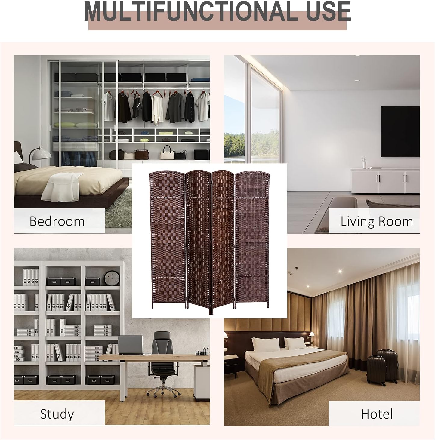NicBex Room Divider 4 Panel Room Dividers with Woven Rattan Design Partition Room Dividers and Folding Privacy Screens 6 FT Wall Divider for Office, Room Separation,70.75"W x 0.75"D x 70.75"H, Brown - Lumora Desk