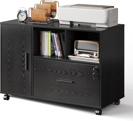 DEVAISE Office File Cabinet with Lock, 1-Drawer Wood Lateral Filing Cabinet on Wheels, Printer Stand with Open Storage Shelves for Home Office, Black