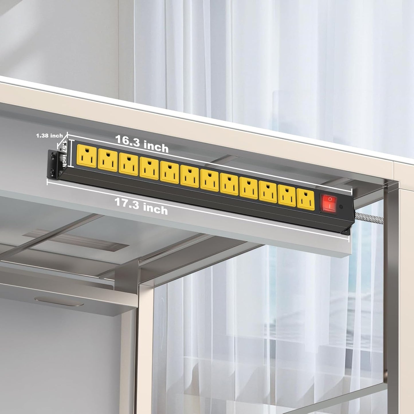 12 Outlet Heavy Duty Power Strip with 15A Circuit Breaker,Metal Wall Mount Power Strip for Garage Workshop Industrial 1200J 15A 125V 1875W 6ft Cord