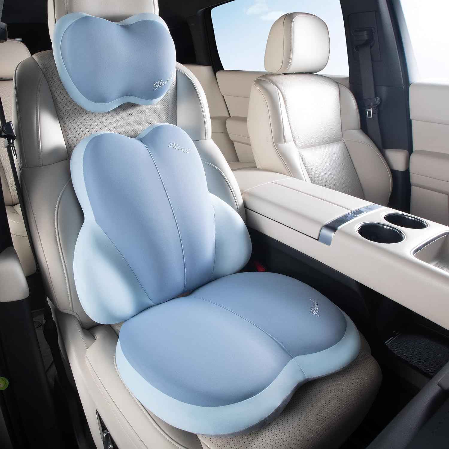 FLORICH 3 PCS Seat Cushion for Carseat Lumbar Support Pillow Car Neck Headrest Pillows Ultrathick Memory Foam Seat Pads Pressure Relief Back Cushion for Office Chair(Blue)