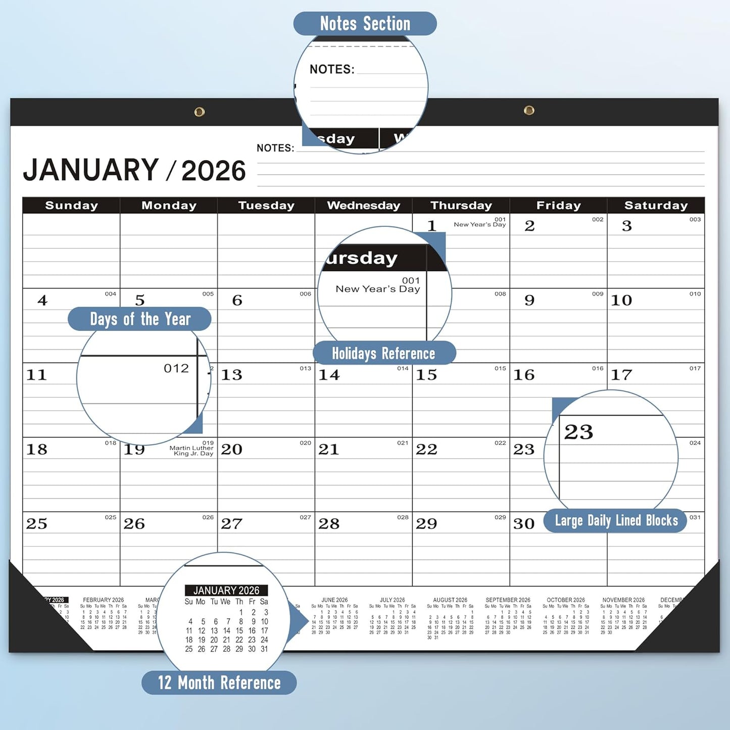 Desk Calendar 2026,January 2026 to June 2027,Desk calendar 2026 Large 22x17, Calendar 2026 with PVC Cover,Round Holes& NOTES List (Black),18 Months 2026 Desk Calender.