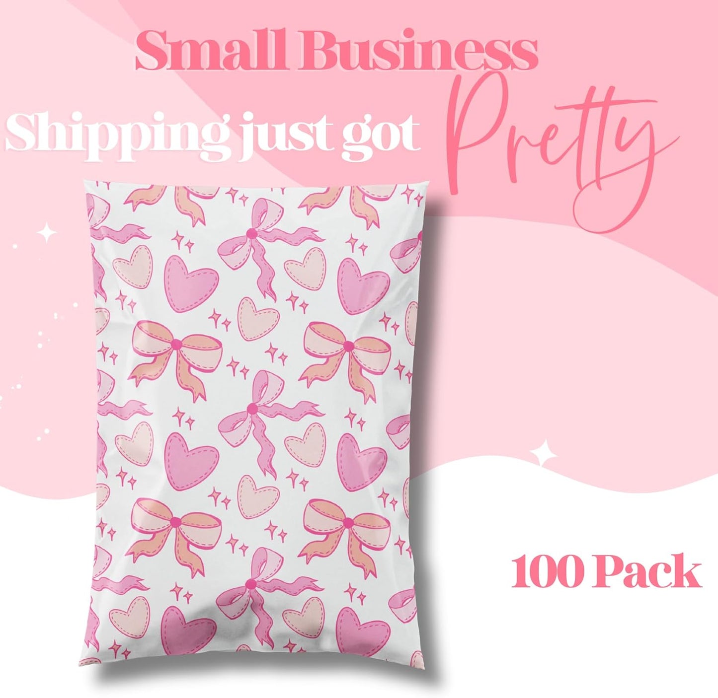 10x13 Designer Poly Mailer 100 Pack Heavy Duty Waterproof Self Seal Shipping Bags for Small Business Large Mailing Envelopes Bulk Tear Resistant Packaging Coquette Bows Hearts