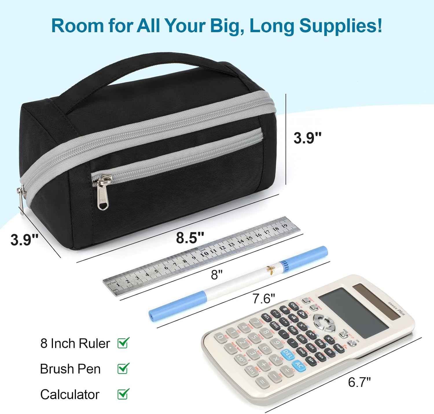 Large Capacity Pencil Case - Pencil Pouch for Teen Boys, Aesthetic Pouch Organizer with 8 Compartments, Wide Opening Marker Bag for Middle High School College, Fits Calculator, Black