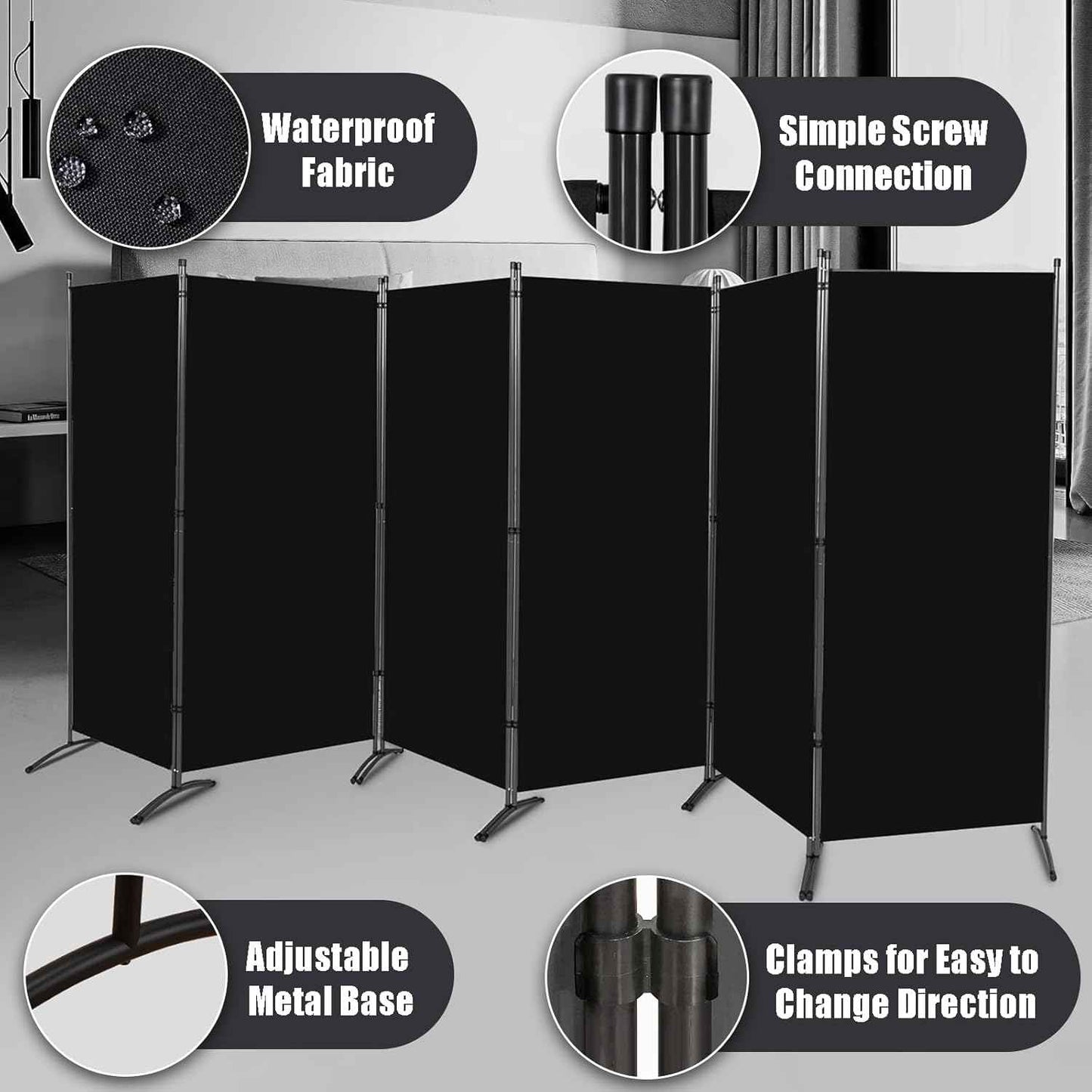 Room Divider-Folding Privacy Screens, 6 ft Partition Room Dividers Wall for Separation, Home, Office, Classroom, Studio (Black, 6 Panel)