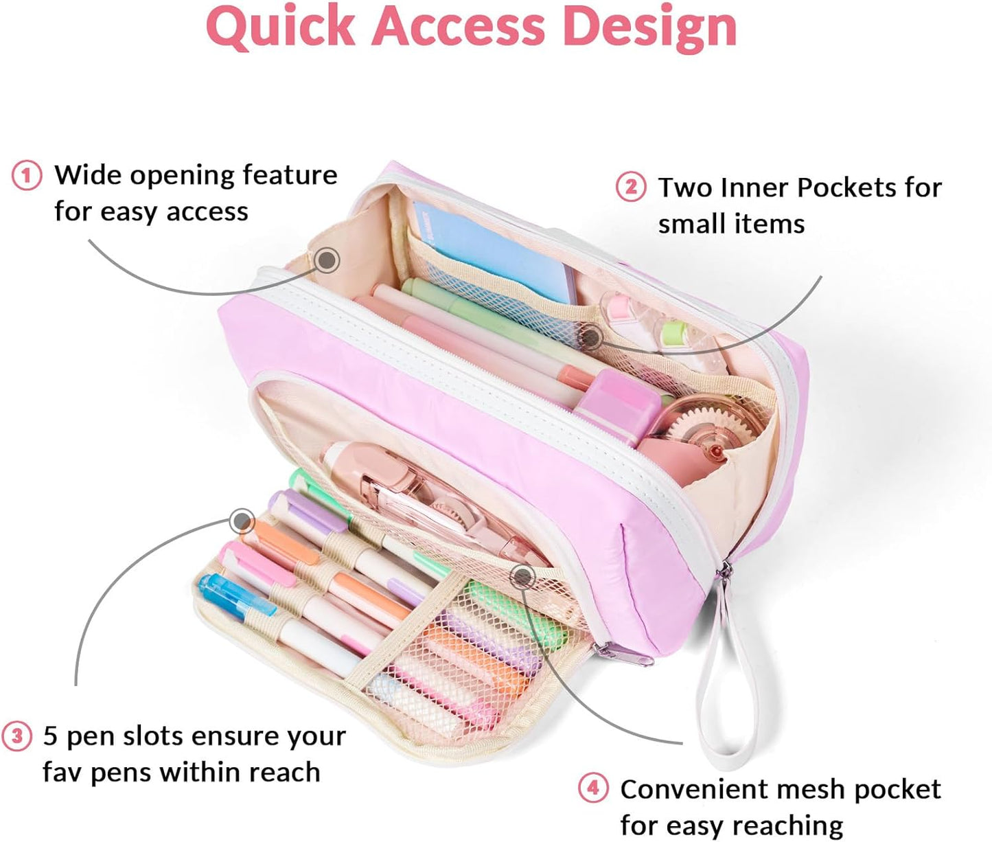 Sooez Big Capacity Pencil Case, Extra Large Pencil Pouch with Zipper Pocket, Wide Opening Pencil Bag, Portable Stationery Organizer, Cute Aesthetic School Office Supplies for Teens Girls Adults, Pink