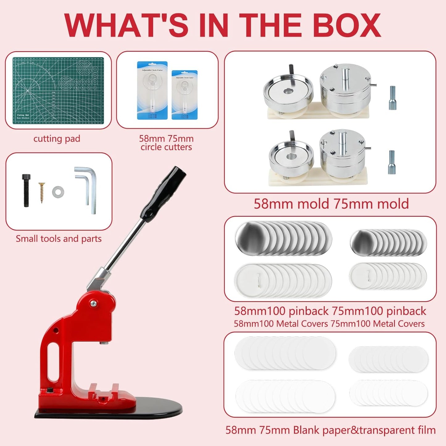 Button Maker Machine Set, Multiple Sizes Button Maker Machine 58+75mm, Push Pull Button Press Machine，Pin Maker Machine with Circle Cutter and Cutting Mat, Come with 200 Button Parts Supplies