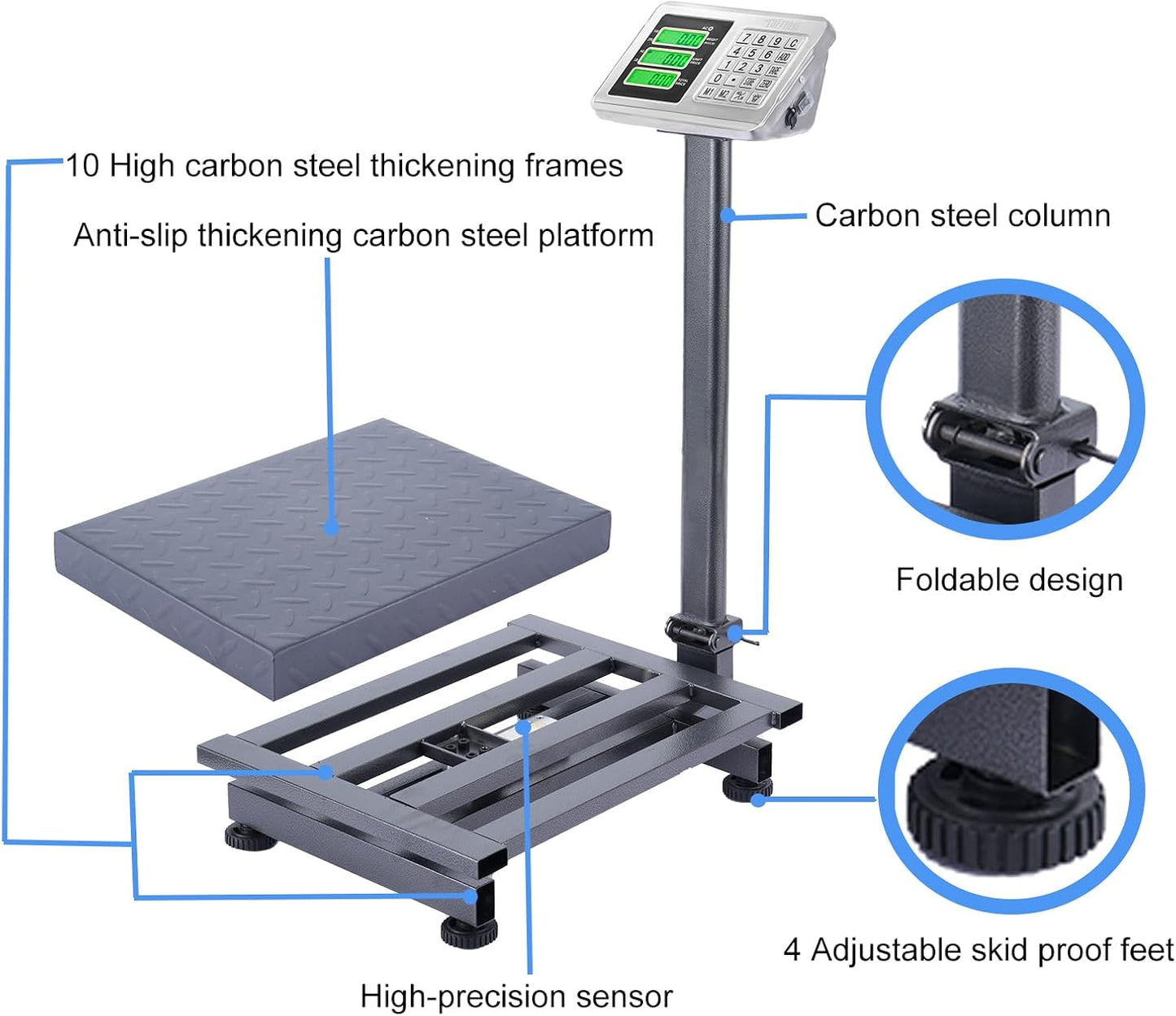 TUFFIOM 661lbs Electronic Industrial Commercial Platform Scale,Stainless Steel High-Definition LCD Display,Digital Floor Heavy Duty,Luggage Package Price Computing Postal Shipping Mailing，Grey - Lumora Desk