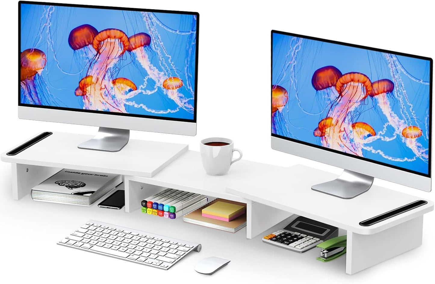 Zimilar Dual Monitor Stand Riser, Monitor Stand with Adjustable Length and Angle, Wood Monitor Stand for Desk, Monitor Riser for 2 Monitors with Storage Space