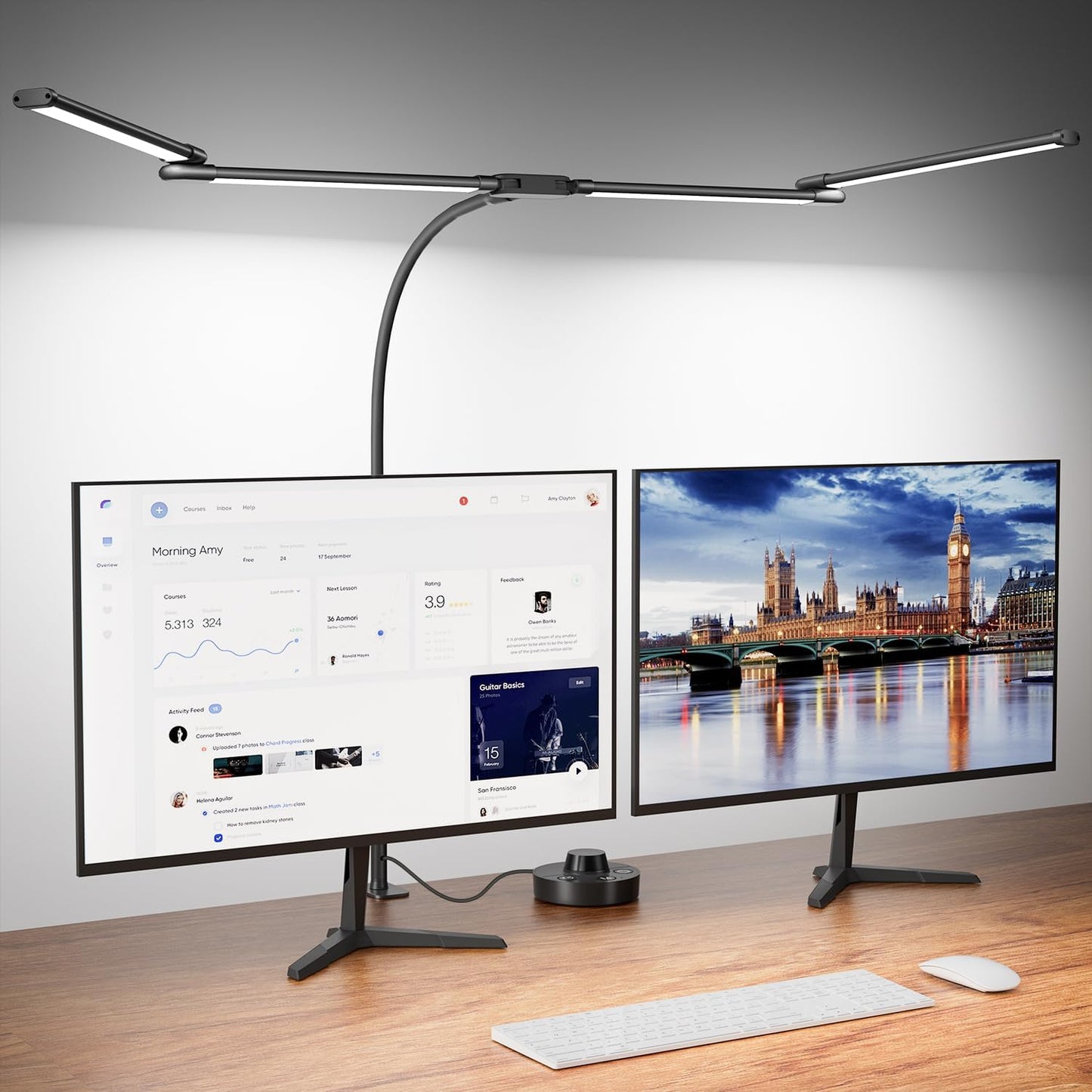 LED Desk Lamp with Clamp, 24W Ultra Architect Desk Lamp for Home Office, Stepless Dimming & Adjustable Gooseneck, Eye-Caring Light with USB Adapter for Reading, Study, Multi-Screen Setup (Black) - Lumora Desk