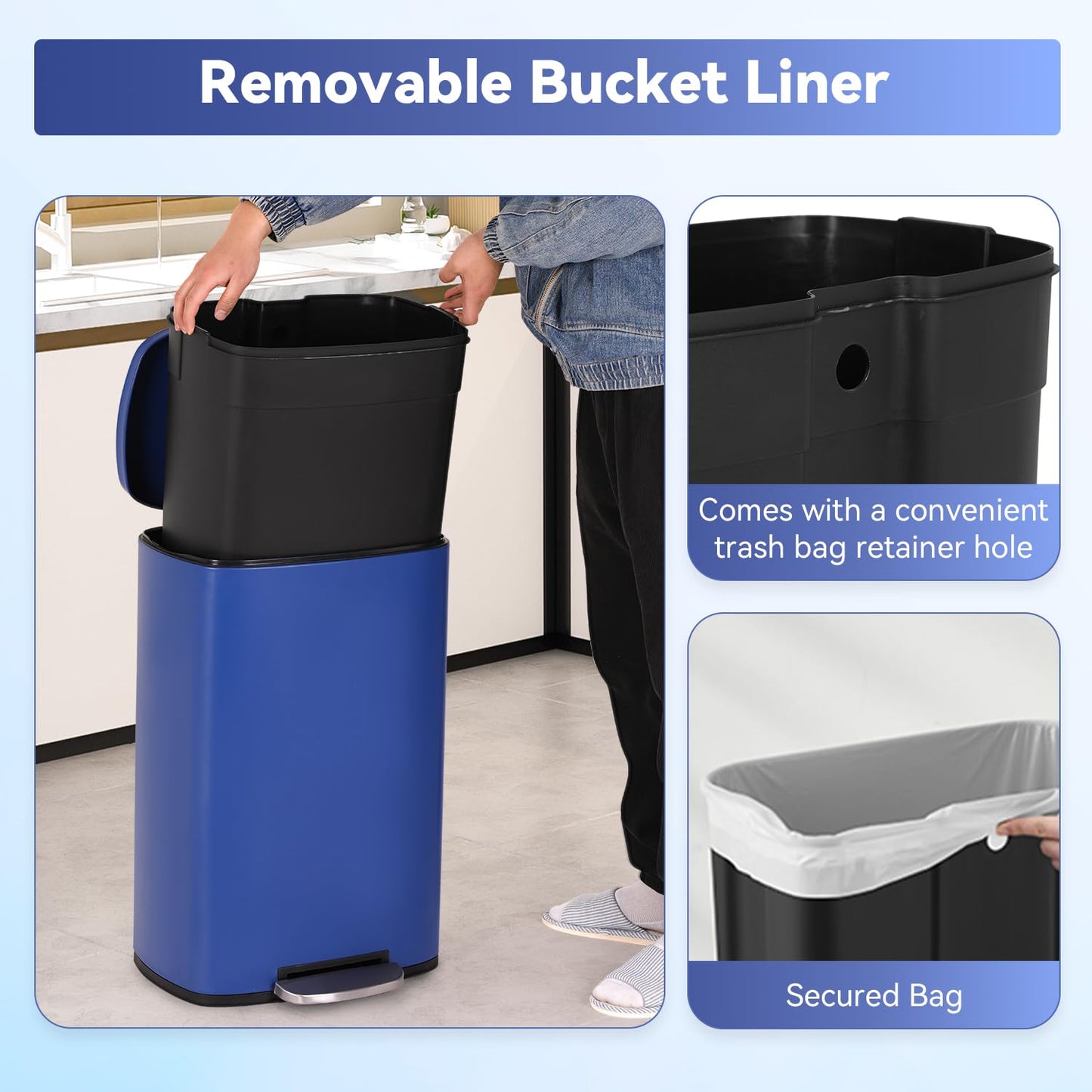 PayLessHere Stainless Steel Trash Can with Lid - Removable Inner Bucket, Foot Pedal Soft Close for Office, Home, Kitchen Garbage Bin (Deep Blue, 13 G)