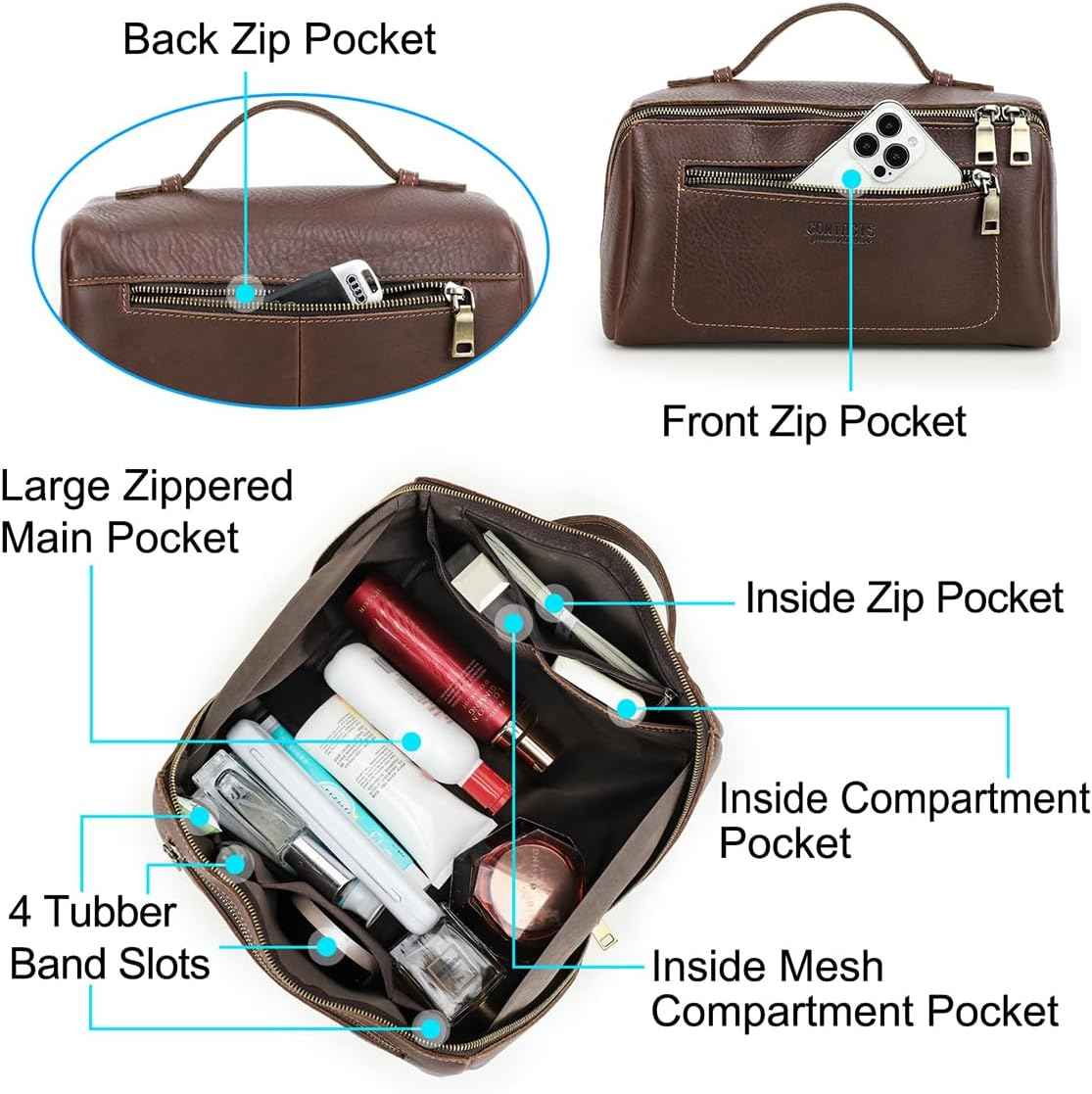 CONTACTS Full Grain Leather Travel Toiletry Bag for Men Large Wash Bag with Handle Bathroom Shaving Dopp Kit Toiletries Organizer Vintage Cosmetic Bag