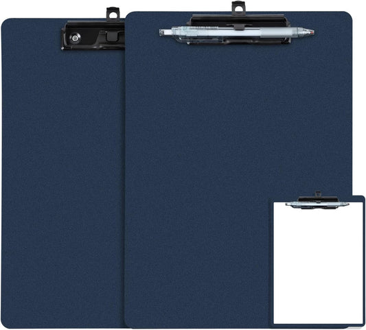 Blue Clipboard with Pen Holder, 2 Pack Plastic Clipboard with Low Profile Metal Clip, Hanging Clip Boards Holds 8.5x11 Inch Papers, Standard A4 Letter Size Clip Boards for Office & School