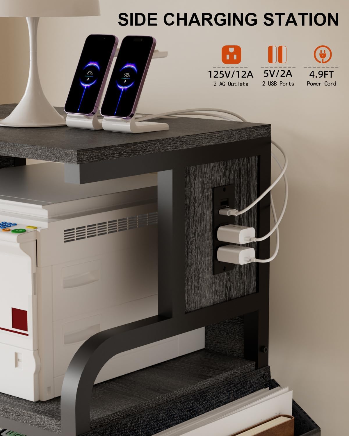 Tall Printer Stand with Storage, 4-Tier Mobile Printer Cart with Adjustable Shelf & Side Bag, Heavy Duty Printer Table with Built-In Charging Station for Home Office, Fits Scanner, Fax Machine, Grey